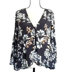 Boho Blue Floral Bell Sleeve Hi-Low Hem Blouse Top Flowy Jaase Size S
